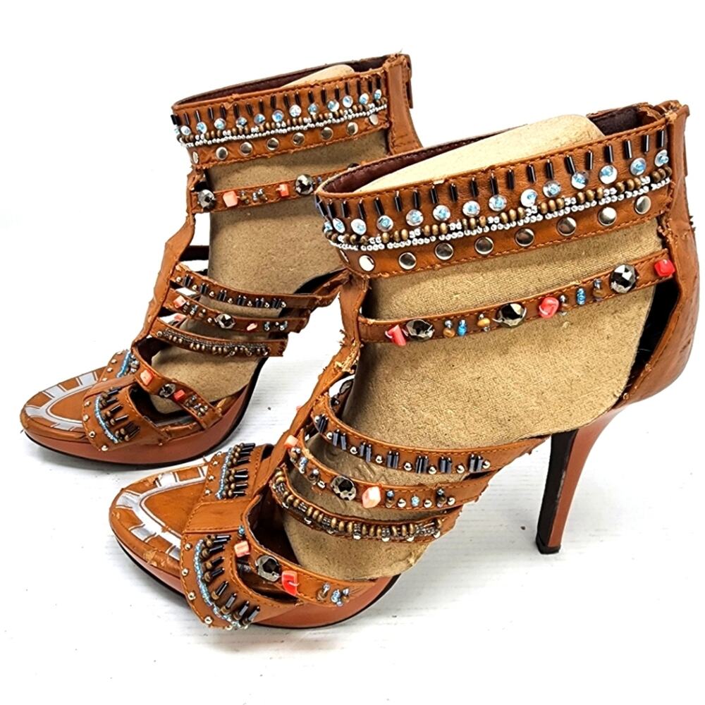 Dollhouse Vintage Bohemian Beaded Heels Strappy Boho Chic Festival Shoes‎ Size 9